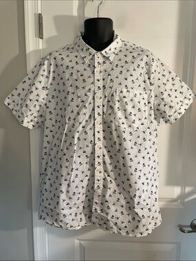 White Short-Sleeve Button-Up Shirt with pink scooter and palm trees print